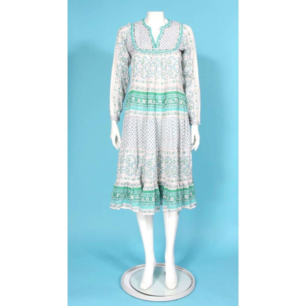 MATTA NY Nitika Green Indian Print Quilted V-Neck Cotton Midi Dress sz S /833